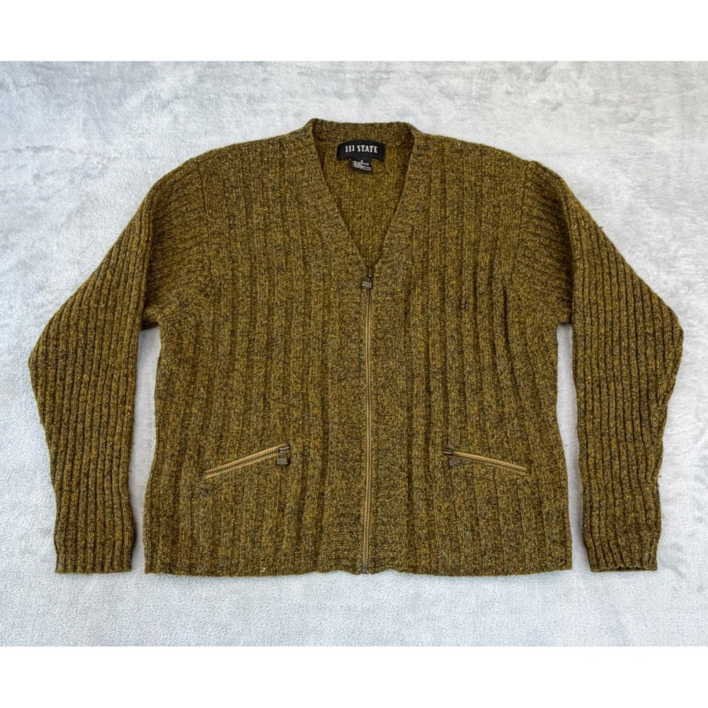 Vtg 111 State Lambswool Silk Zip Cardigan Sweater S Olive Green Tweed Granola